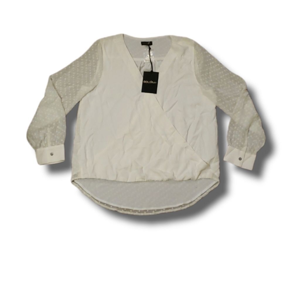 Goldray Long‎ Sleeve Henrietta Mixed Media Surplice Blouse Sz M Cream Dot NEW